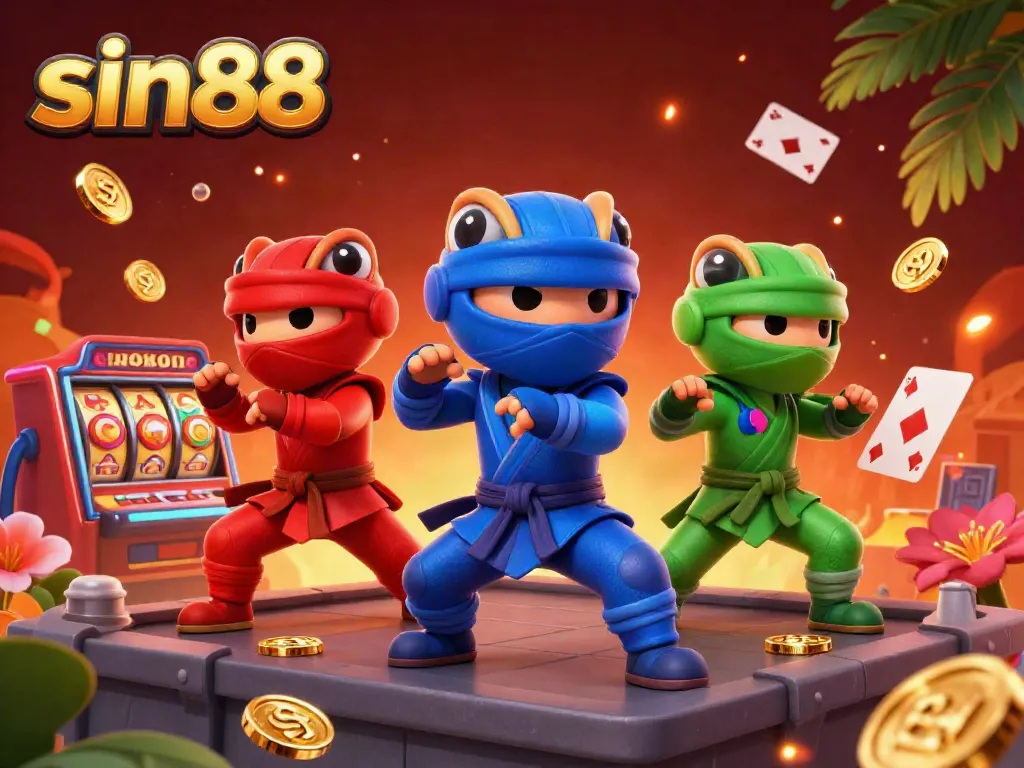 Experience the vibrant world of sin88 with cartoon ninja chameleons amidst dynamic casino elements.