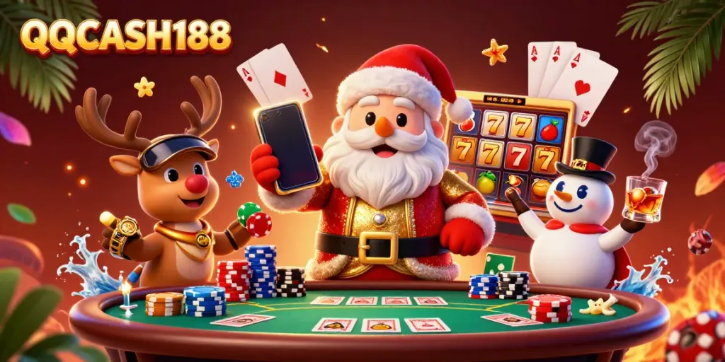 Experience exciting jackpot action with QQCASH188, as Santa celebrates with slots and poker elements.