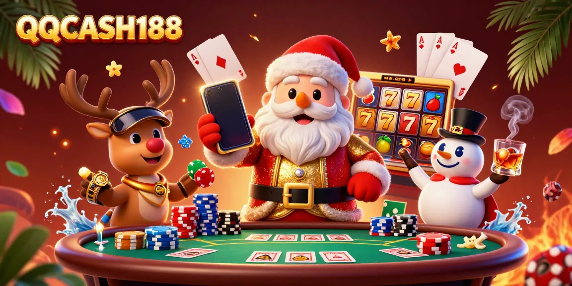 Experience exciting jackpot action with QQCASH188, as Santa celebrates with slots and poker elements.