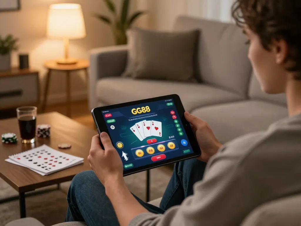 Player enjoying GG88 online casino app on tablet in cozy living room setting
