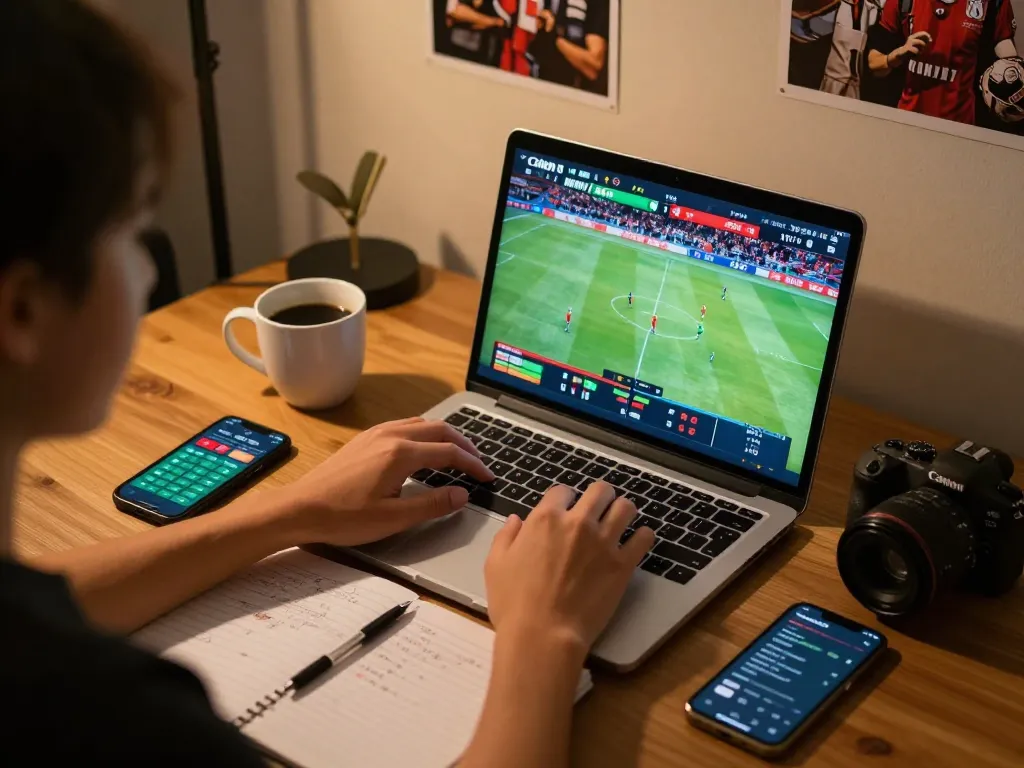 cm88seo user engaging in online sports betting with laptop and notes, showcasing strategic gameplay