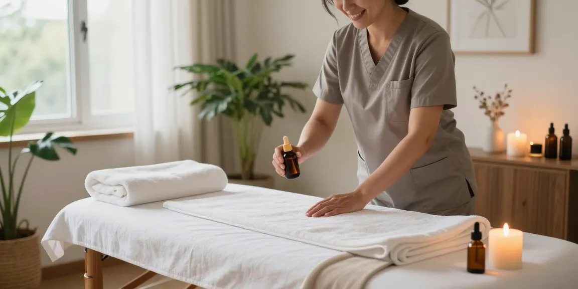 Relaxing 인천출장안마 scene with a professional massage therapist in a serene setting, preparing for a soothing massage.