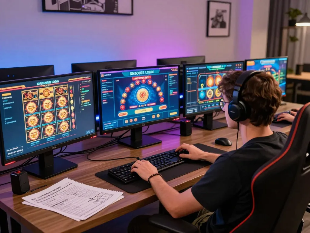 Engaging in IDNSCORE LOGIN for online gambling with vibrant game displays and strategic resources.