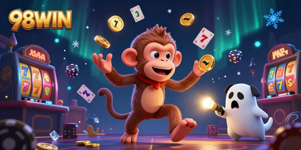 Experience the thrilling atmosphere of 98WIN with a mischievous monkey and ghost-hunter puppy in action!
