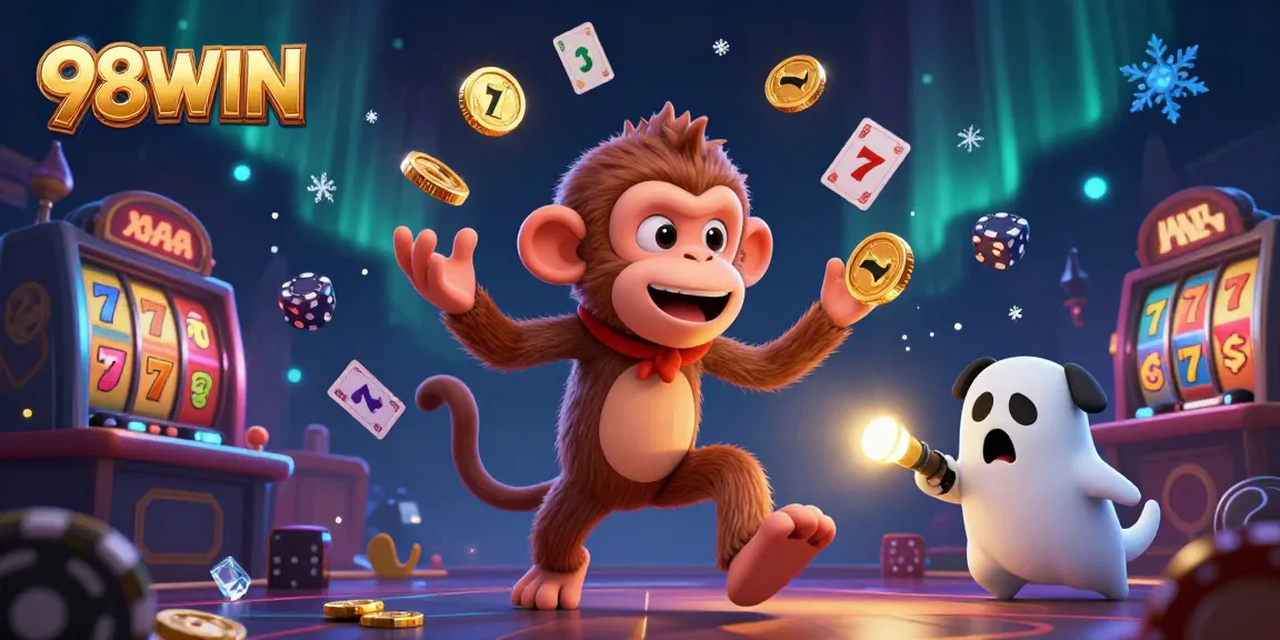 Experience the thrilling atmosphere of 98WIN with a mischievous monkey and ghost-hunter puppy in action!