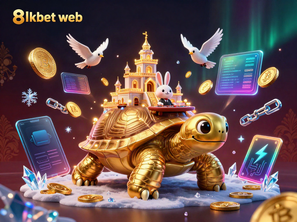 Experience the vibrant world of 8xbet web with a colorful casino scene showcasing a golden tortoise and rabbit dealer.