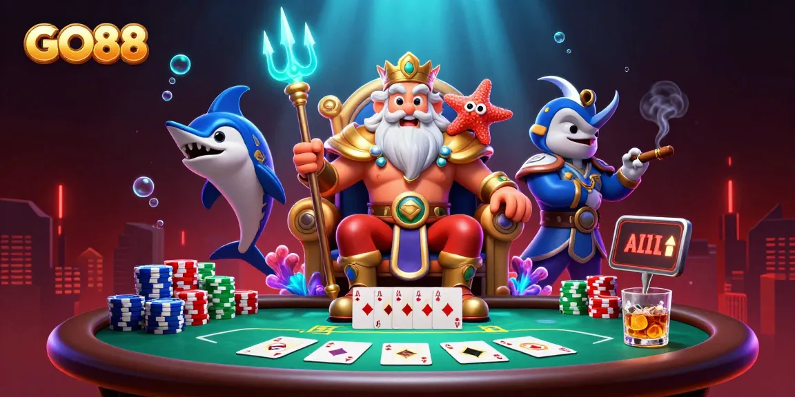 Experience GO88's vibrant casino scene with Neptune, chips, and poker action dynamic illustration.