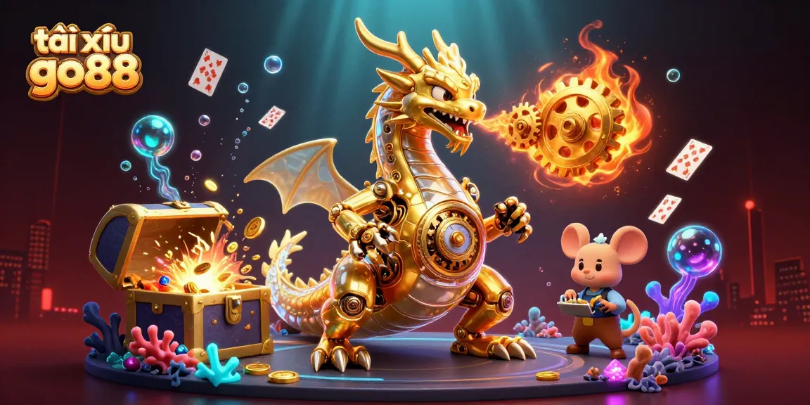 Tạo ruộng tài xỉu go88, golden dragon with cogs, underwater treasure and playing cards.