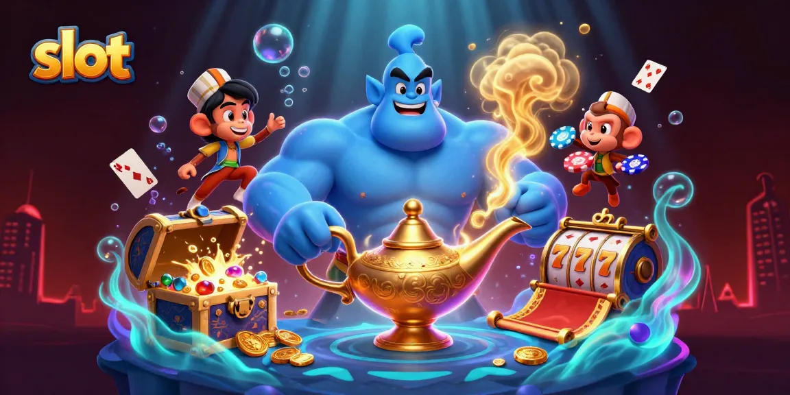 Engage with exciting slot games featuring a genie, monkey, and floating casino elements in vibrant underwater setting.