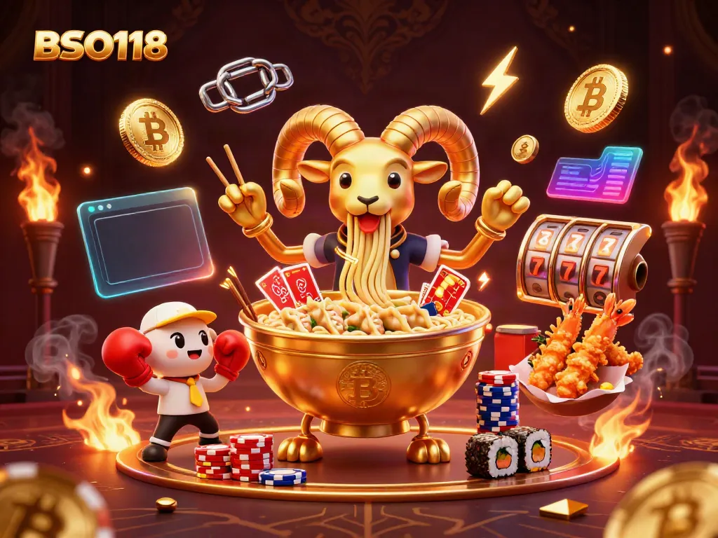 Engage with BSO118: 3D colorful casino illustration featuring a giant ramen bowl and dynamic game elements.