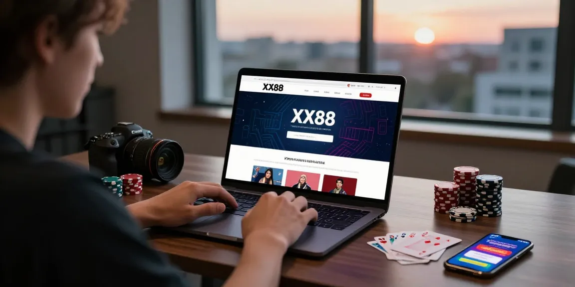 Interactive user engaging with XX88 online gambling platform at a modern desk setup.