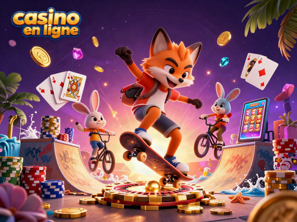 Jouez dans le casino en ligne avec une illustration de casino dynamique mettant en scène un renard skateur.