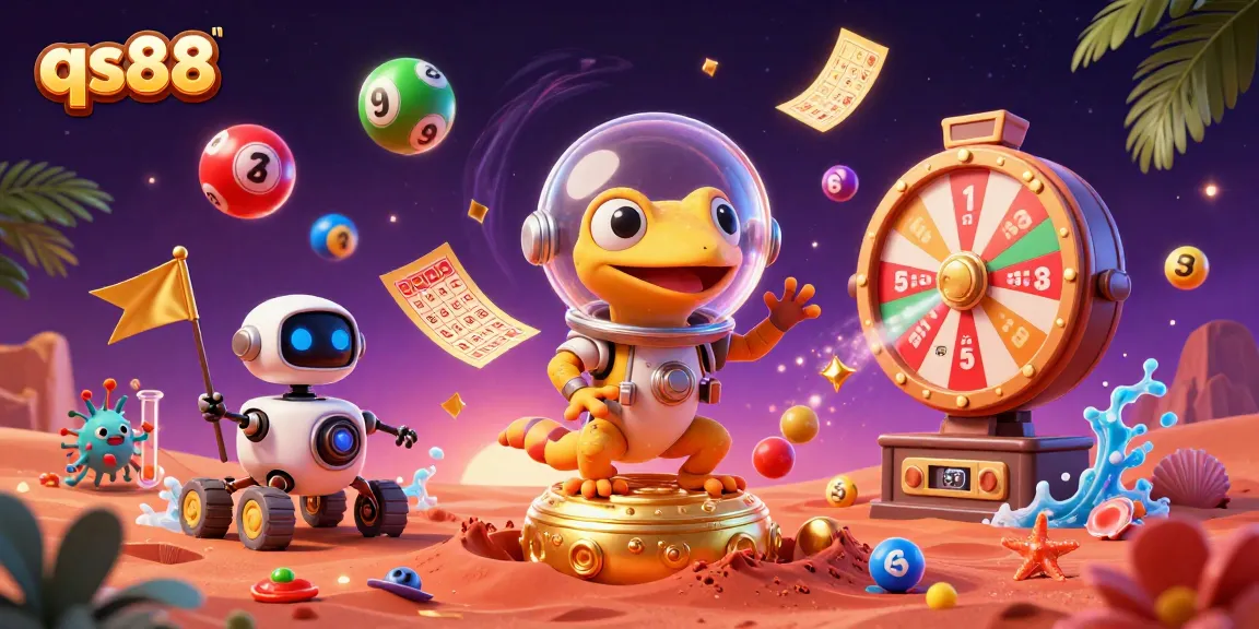 Experience qs88's golden casino through a Martian gecko's exciting journey amid colorful gambling elements.