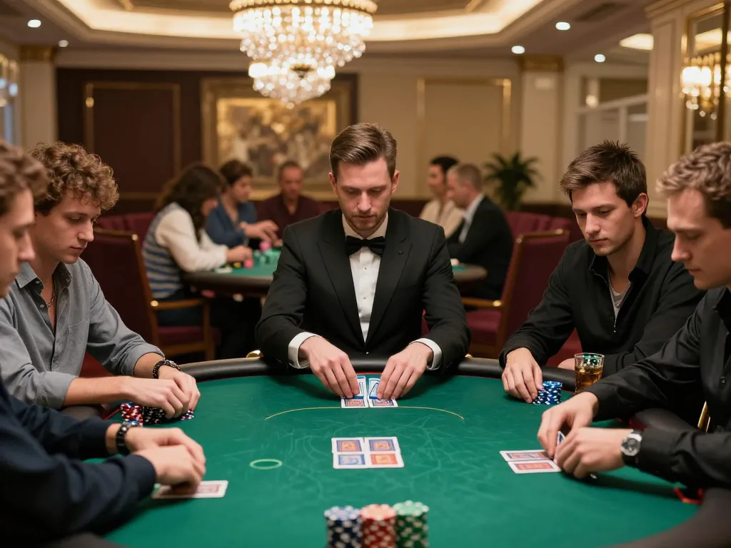 Maxpoker88 poker players strategizing at a luxurious casino table, intense focus evident.