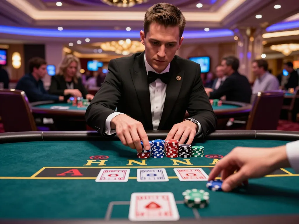 TR88 players engaging in strategic blackjack gameplay at upscale casino, showcasing tension and excitement.