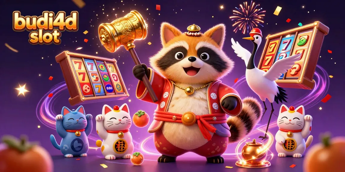 Engage with the vibrant budi4d slot scene featuring a cheerful tanuki, a crane companion, and lucky maneki-neko cats.