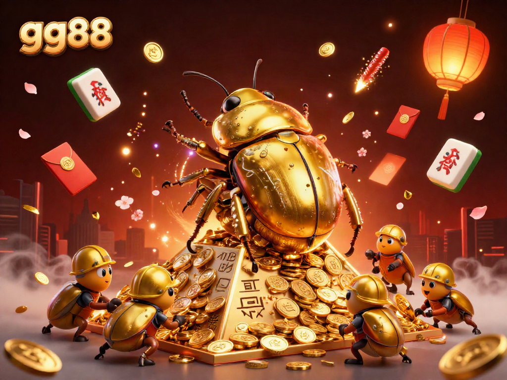 gg88 showcases a golden beetle rolling coins, symbolizing luck in casino gaming.