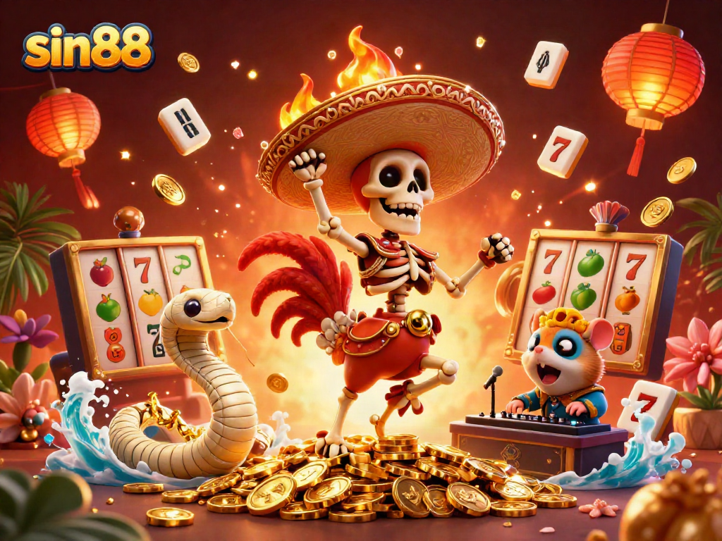 Experience the thrilling sin88 casino with vibrant characters dancing on golden coins and festive game elements.