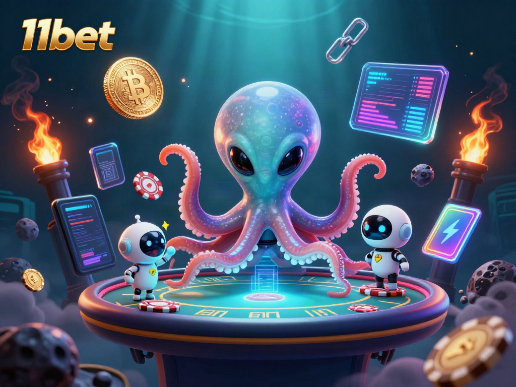 11bet offers thrilling poker games with a 3D octopus dealer in a glowing cosmic background.