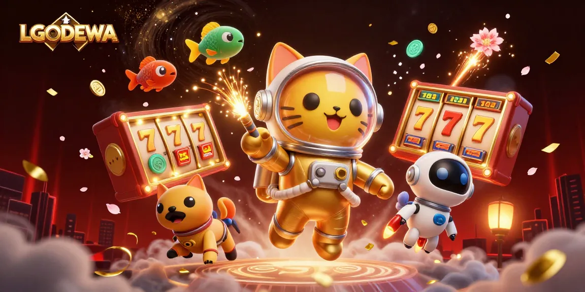 Experience thrilling slots with LGODEWA as a golden astronaut cat spins jackpot reels in a cosmic scene.