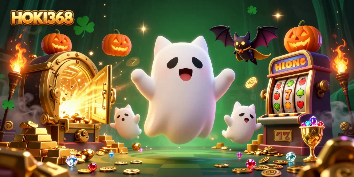 Experience excitement with HOKI368 Casino, where ghostly characters interact with spinning slots and shimmering treasures.