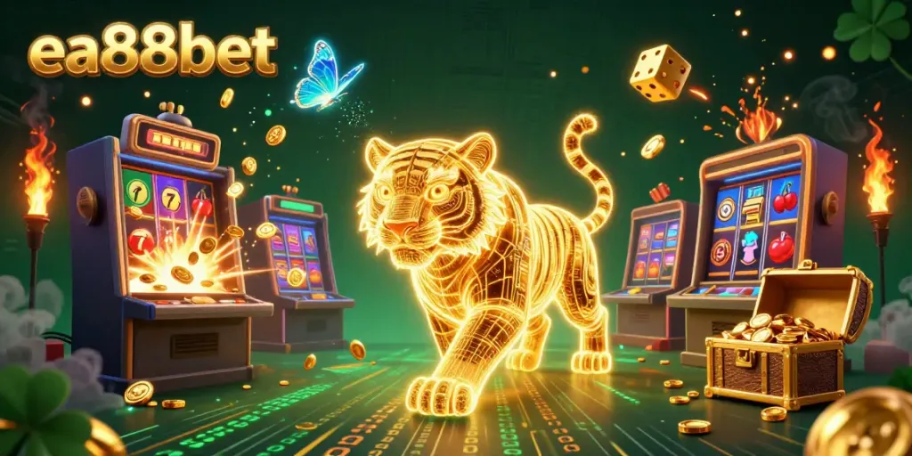 Experience winning strategies at ea88bet with a neon golden tiger amidst a vibrant digital casino scene.