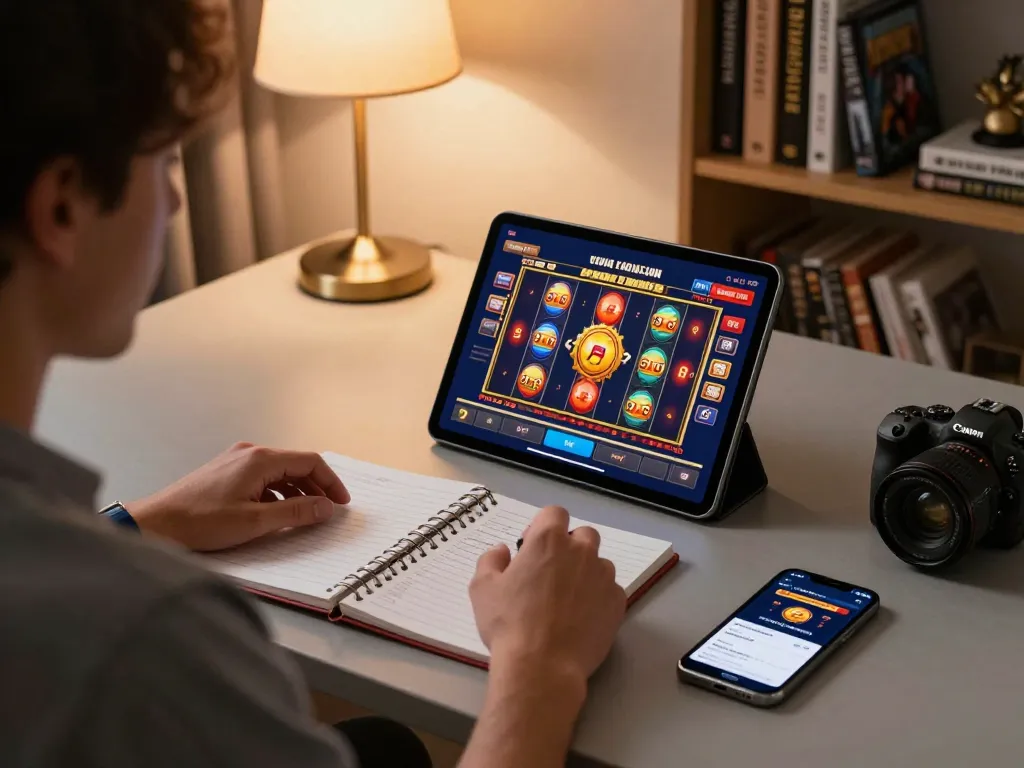 Playing slot bet 100 on a tablet in a cozy home setting with strategic notes nearby.