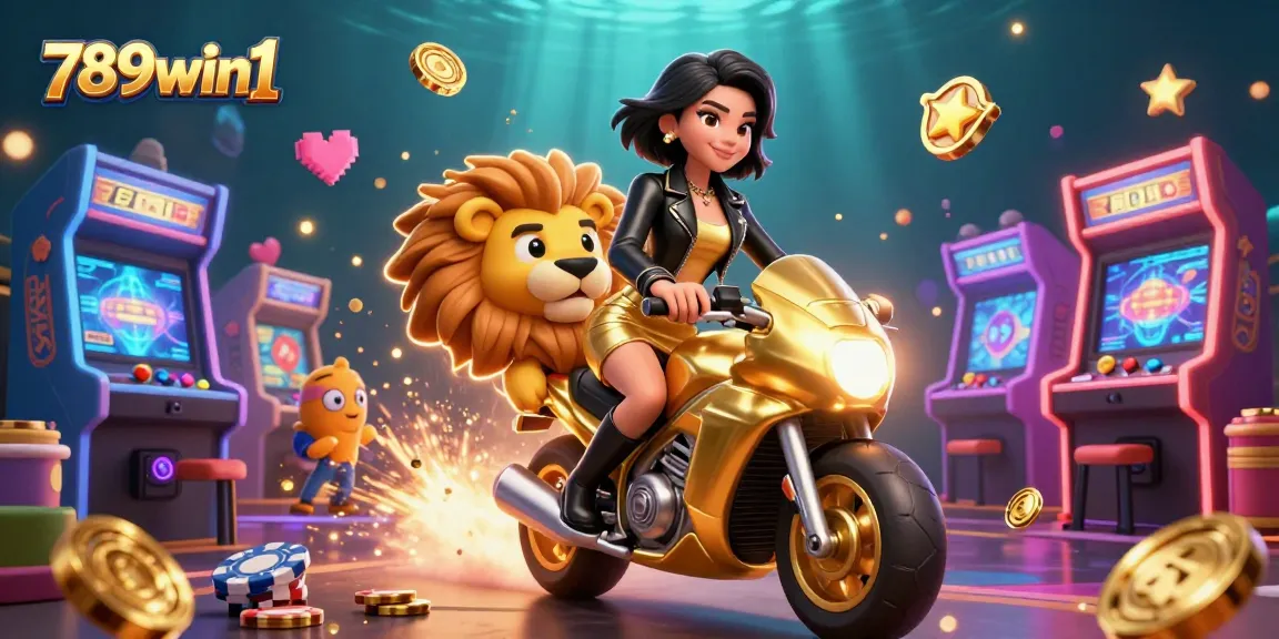 Experience the thrill of 789win1 with a glamorous Asian woman riding a golden lion mascot amidst vibrant gaming elements.