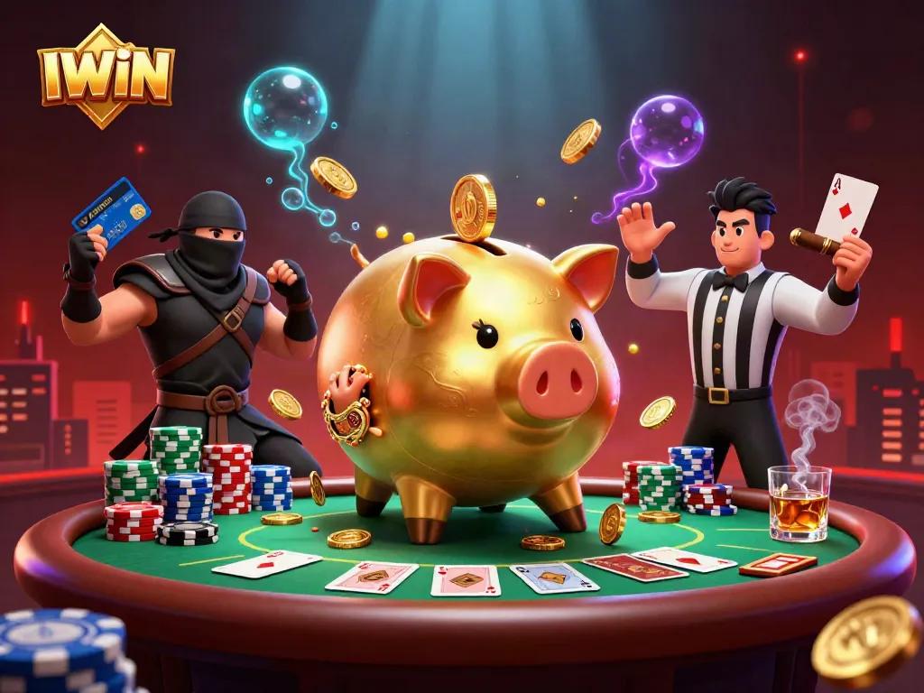 Engage in thrilling gameplay with IWIN featuring iconic characters in a dynamic casino scene.