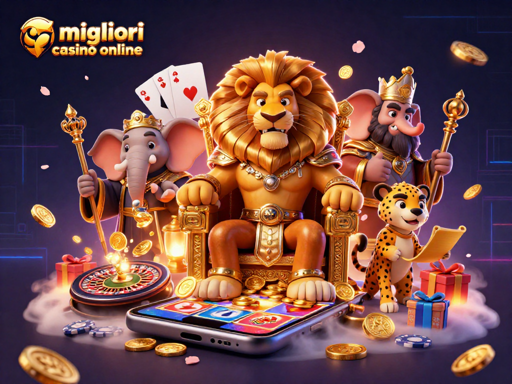 Scopri i migliori casinò online e le slot avvincenti in una scena vibrante e dettagliata.