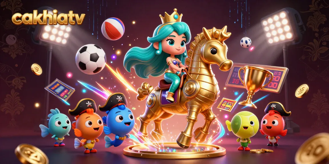 Cakhiatv showcases a vibrant scene with a mermaid princess, sports balls, and dynamic betting elements