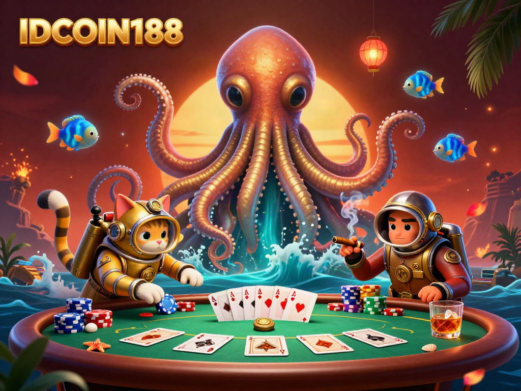 Experience exciting gameplay with IDCOIN188 in this vibrant, ultra-detailed 3D casino scene featuring a kraken and poker elements.