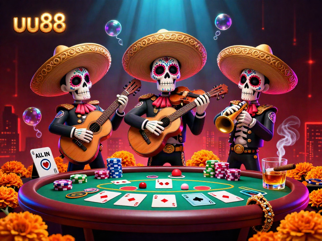 Experience the excitement of uu88 with a vibrant mariachi band amidst poker games and rich casino visuals.