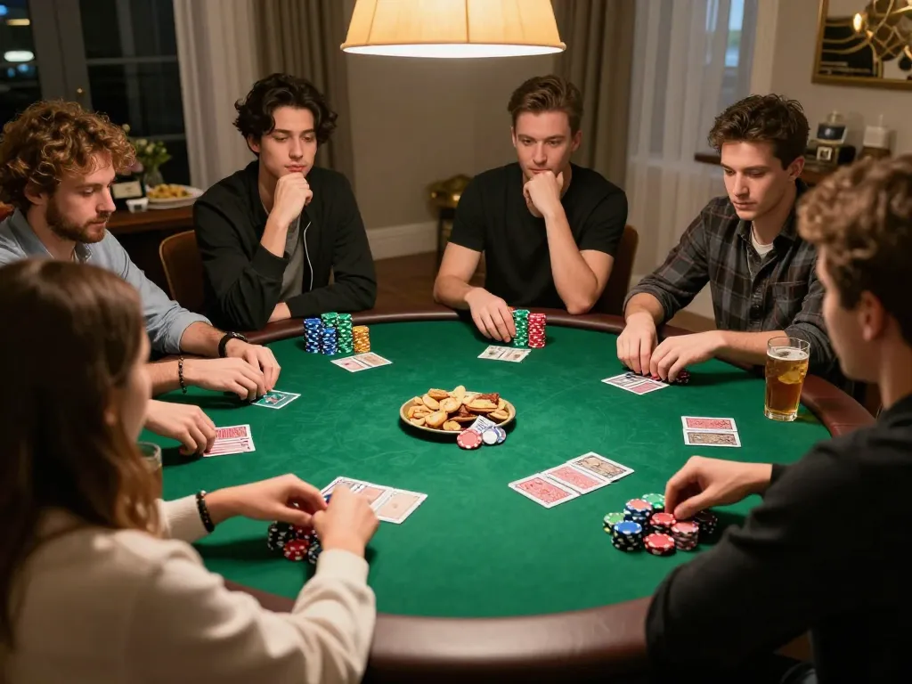 Friends enjoying an intense poker game at home, showcasing strategies and interactions in a lively atmosphere with MPO ID.