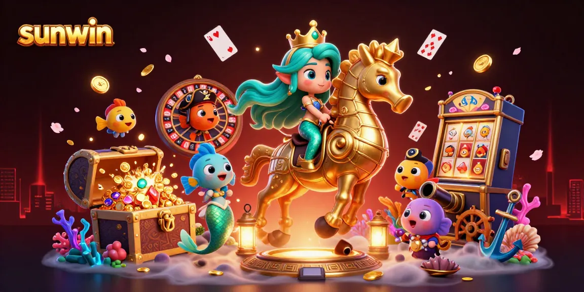 Sunwin casino illustrated scene with mermaid and seahorse, dynamic card games and vibrant treasures.