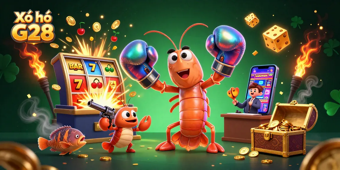 Xổ số G28 showcases a vibrant 3D scene with casino elements and animated underwater characters celebrating a jackpot.