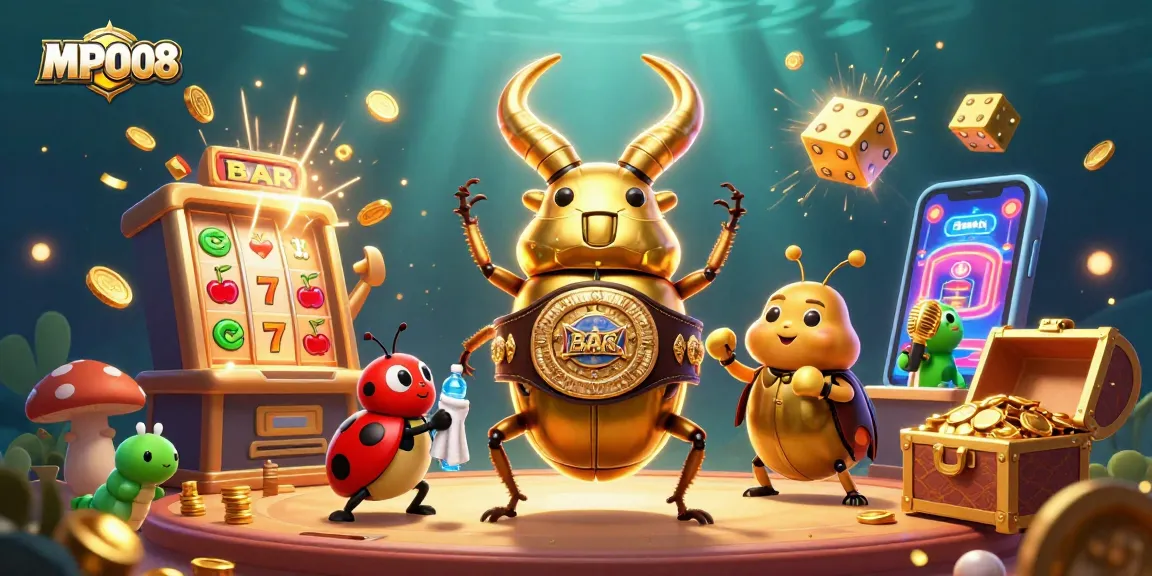 MPO08 showcases a dynamic illustration featuring gaming elements with a glowing stag beetle champion in a vibrant casino scene.