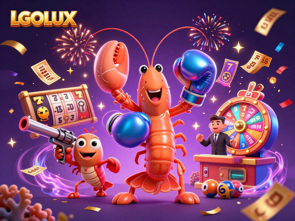 Engage with LGOLUX in this vibrant slot gaming illustration featuring dynamic characters and lively casino elements.