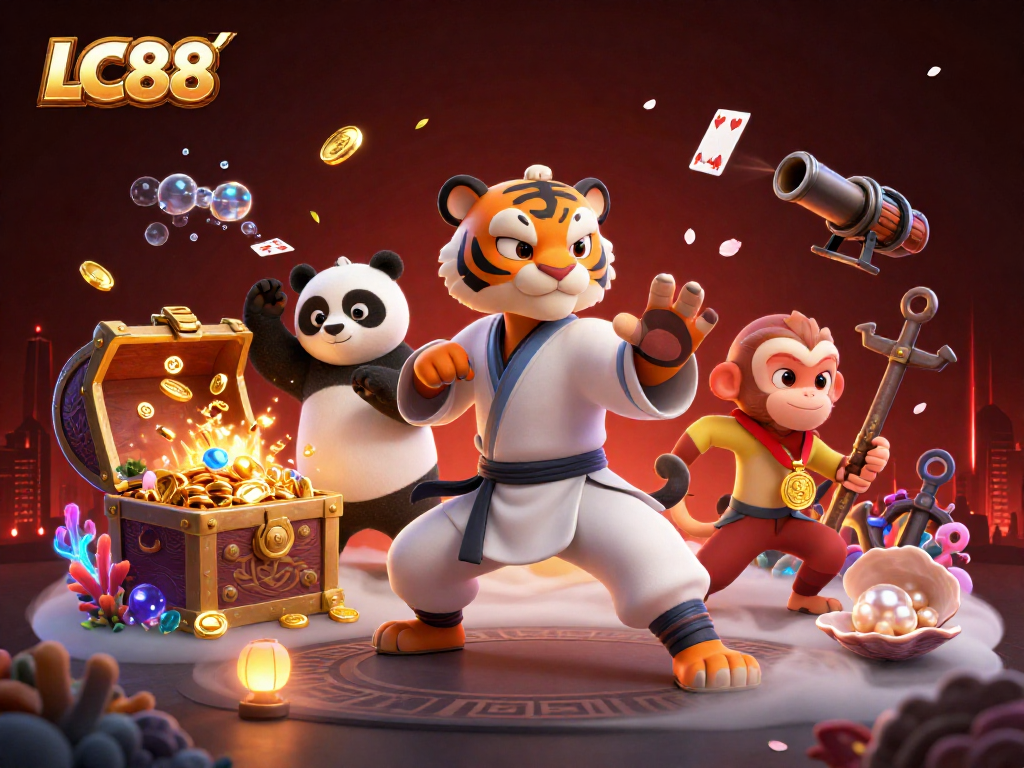 Engage with LC88's vibrant online gambling experience featuring a dynamic, 3D animated scene.