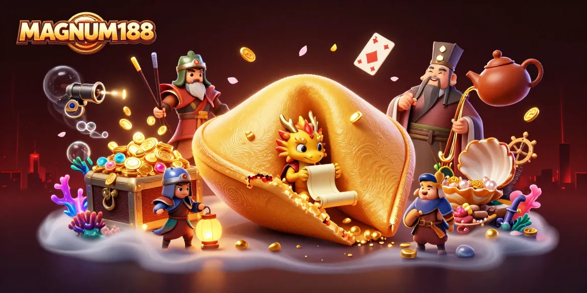 Experience MAGNUM188's thrilling action with a golden fortune cookie, tiny dragon, and treasure-filled underwater scene.