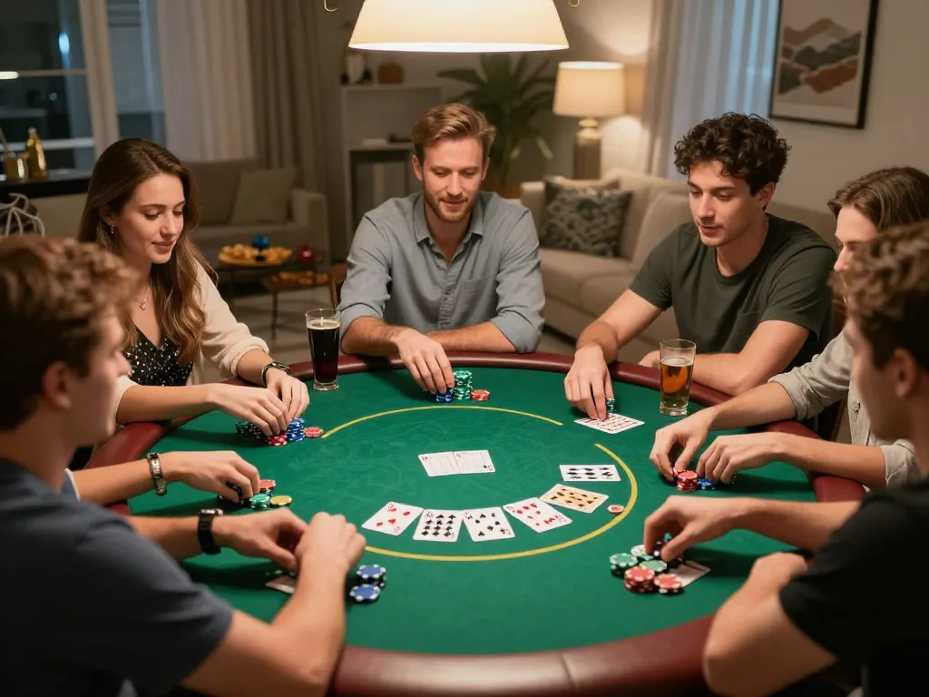 Friends enjoying a lively poker night at home, showcasing strategic gameplay with vegasslot77 enthusiasm and friendly competition.