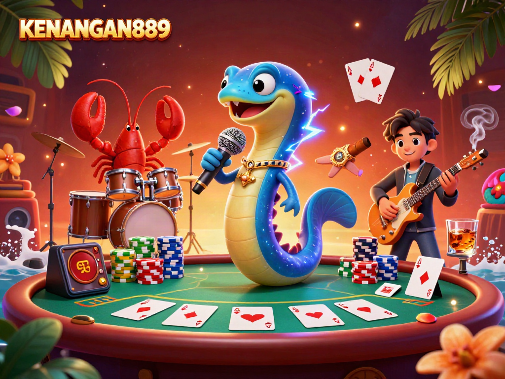 Experience KENANGAN889's electrifying underwater casino scene featuring lively characters and vibrant poker elements.