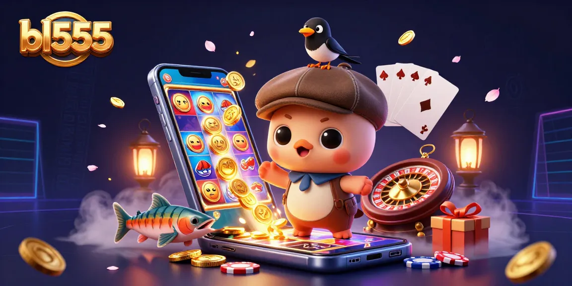 Play and win at bl555 with vibrant slots and casino action in a fun cartoon scene.