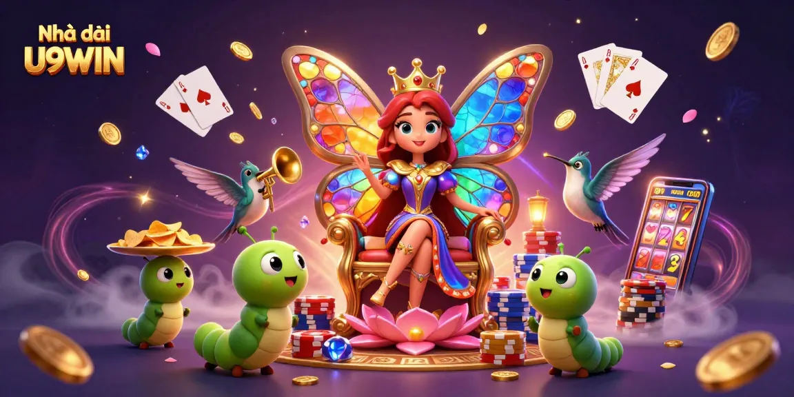 Engage with Nhà cái U9WIN through vibrant casino-themed 3D art featuring games and fortune elements.
