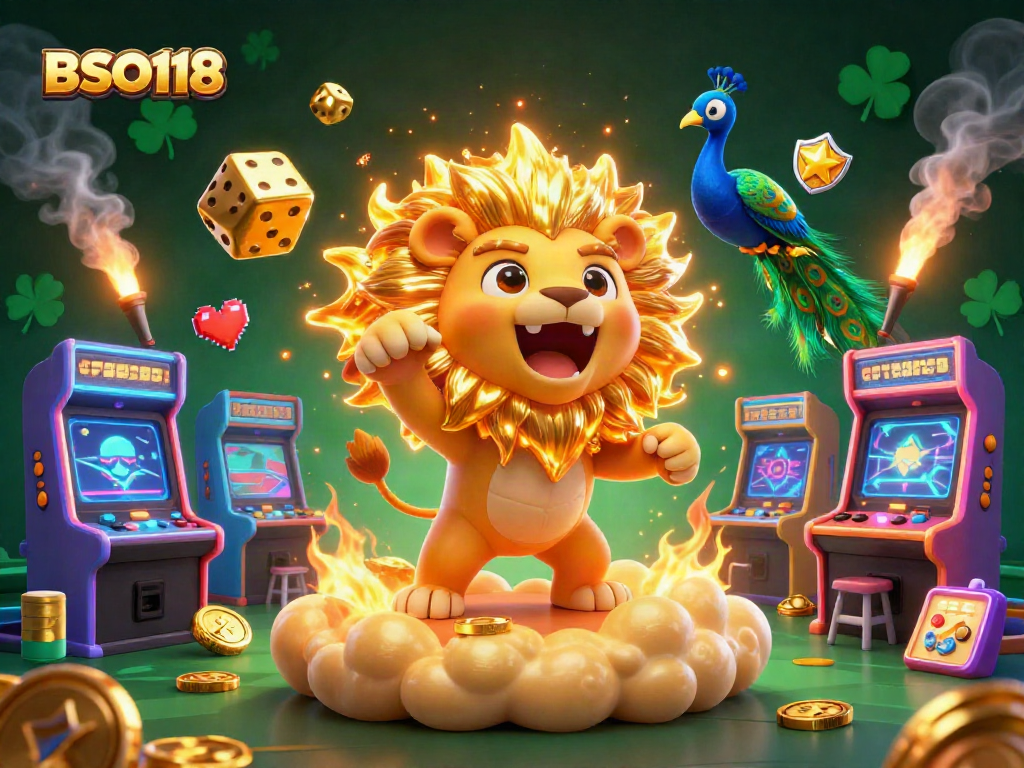 Engage with BSO118 in a vibrant casino scene featuring a roaring lion, golden dice, and arcade elements.
