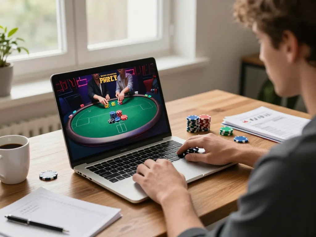 Player enjoys a thrilling poker game at home, showcasing 79club's online gaming experience.