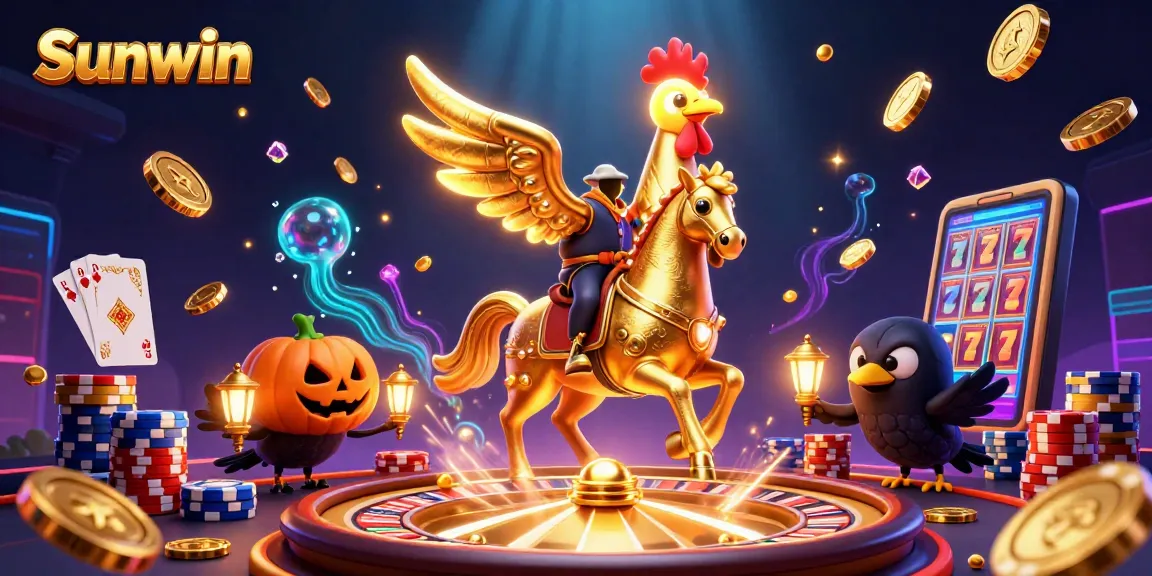 Sunwin welcomes gamblers with a captivating casino scene featuring vibrant 3D elements.