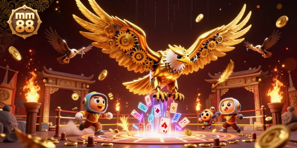Experience thrilling gameplay at mm 88 with a cybernetic eagle amidst a dynamic casino scene.