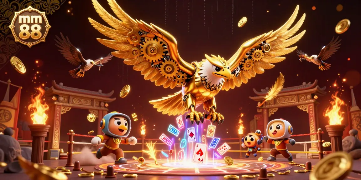 Experience thrilling gameplay at mm 88 with a cybernetic eagle amidst a dynamic casino scene.