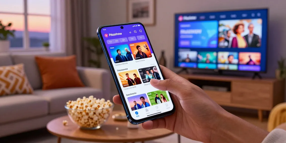 Engaging scene of a user enjoying the Pikashow APK interface on an Android device, highlighting diverse movie and sports options in a cozy living room.